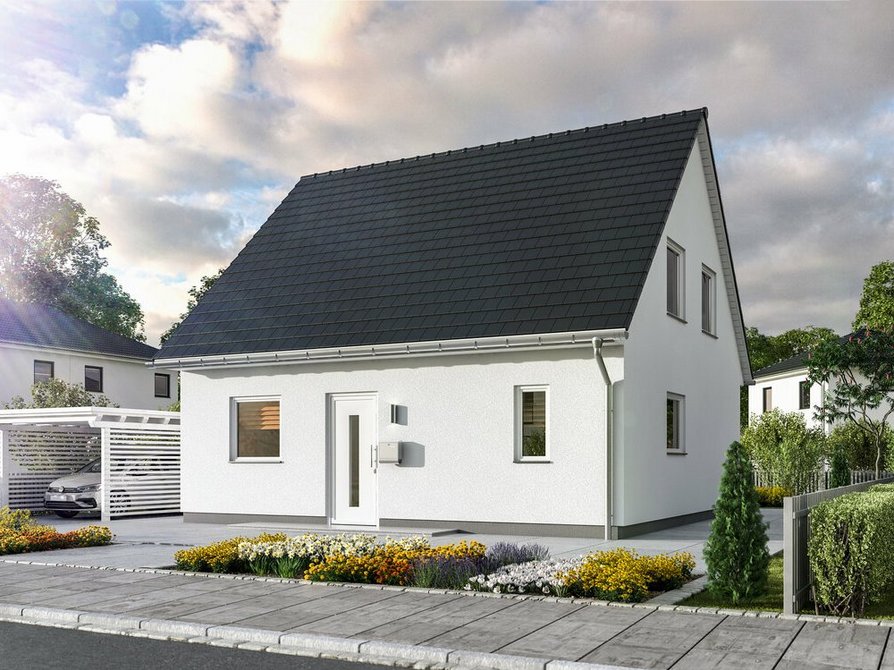 Das Flair 113 mit Blick von Straße auf Eingangsbereich auf Haus der Variante Trend