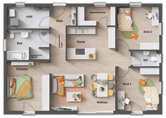 Grundriss Bungalow 110 mit Speisekammer, offener Küche, Gäste-WC und begehbarer Dusche