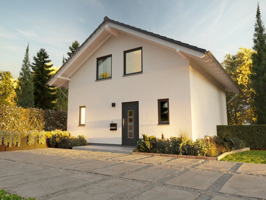 Das Raumwunder 100 Süd mit Blick auf den Eingangsbereich, Satteldach und Dachüberstand